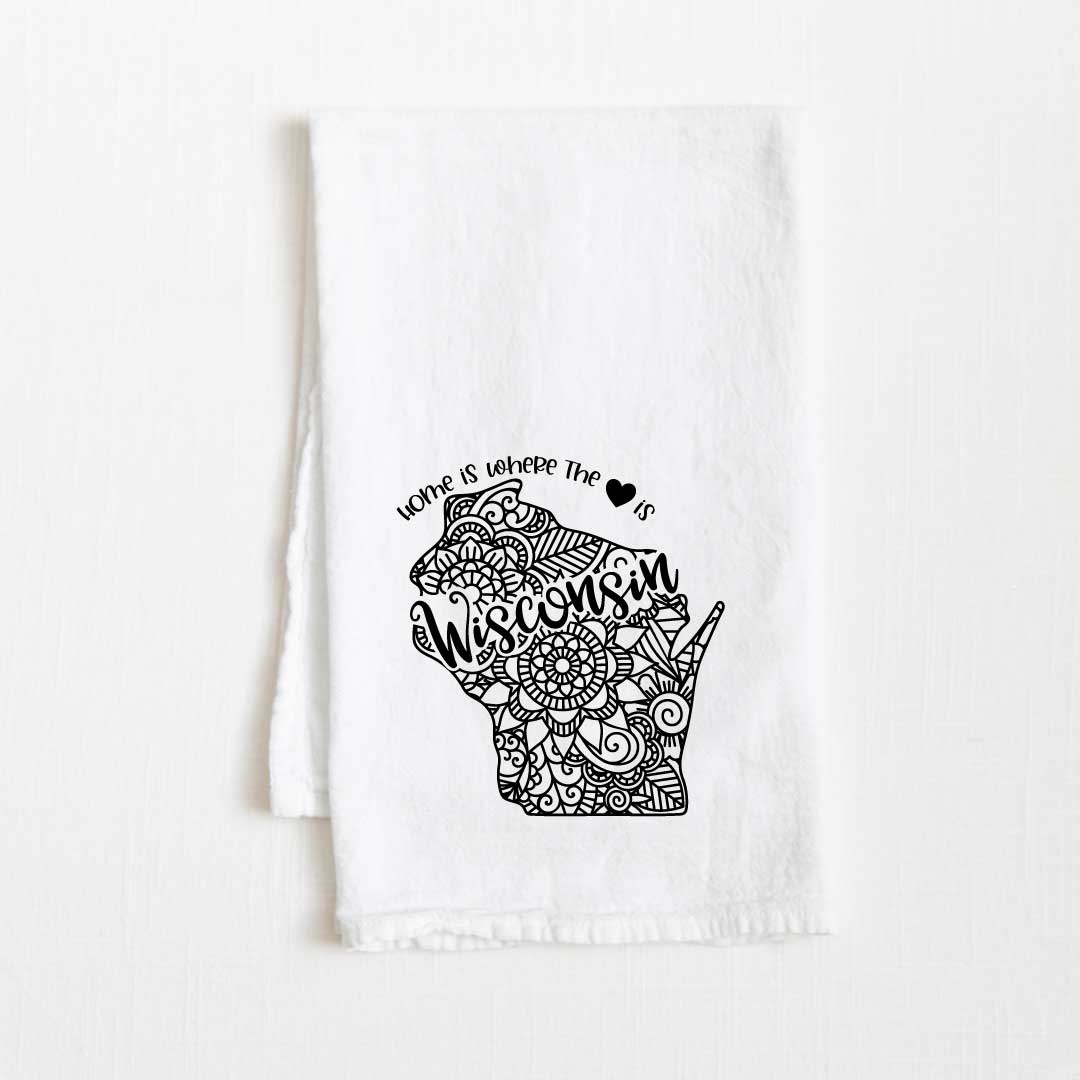 Wisconsin - Home Is Where the Heart Is Flour Sack Kitchen Towel - 36” x 32”