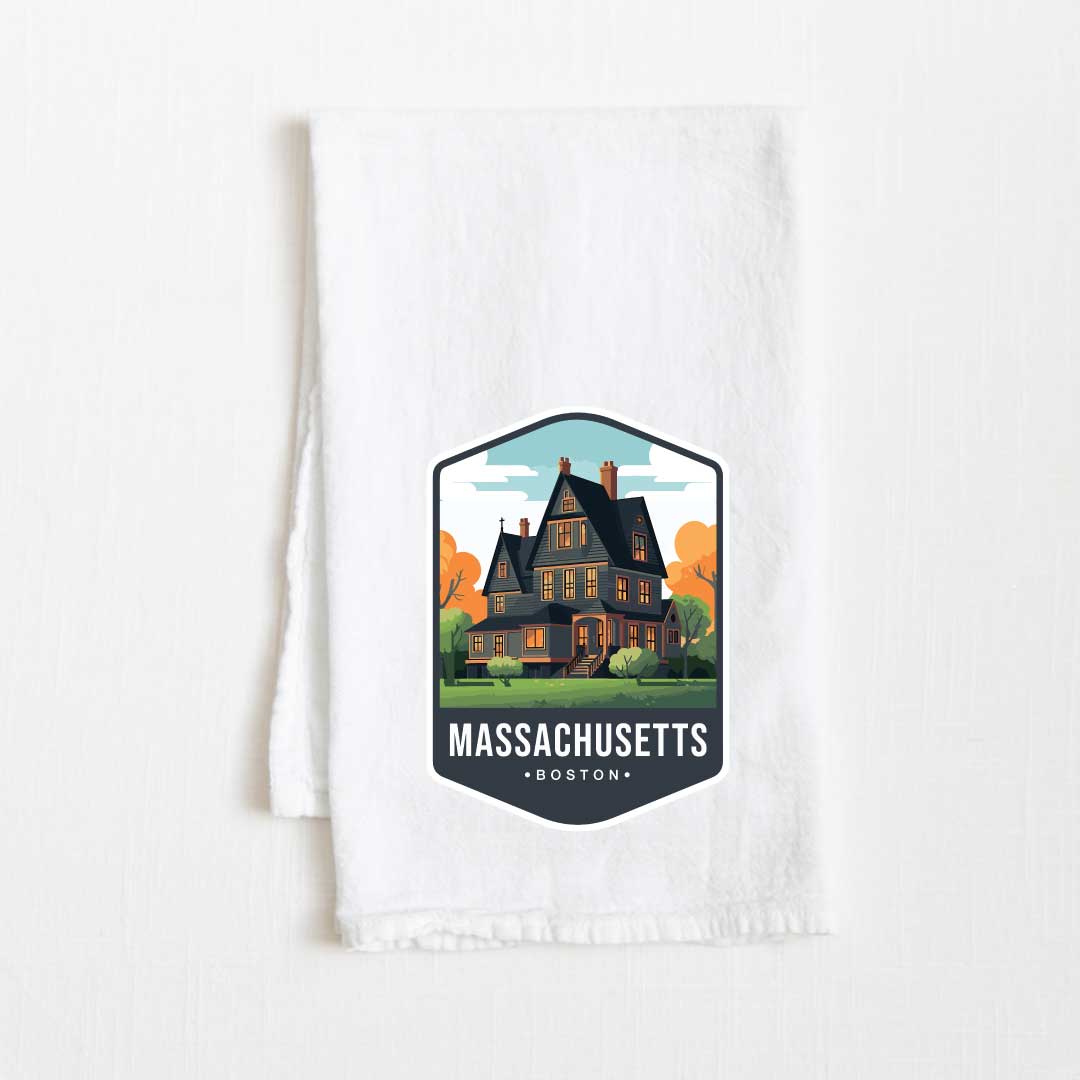 Massachusetts Vintage Illustrated State Flour Sack Kitchen Towel - 36” x 32”