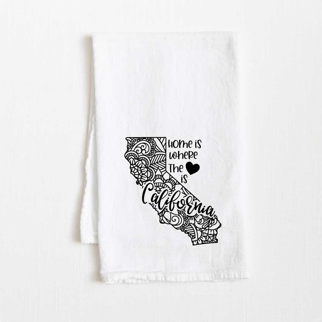 California - Home Is Where the Heart Is Flour Sack Kitchen Towel - 36” x 32”