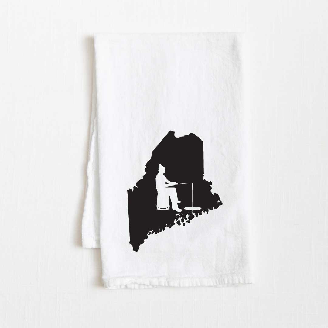 Maine Ice Fishing State Flour Sack Kitchen Towel - 36” x 32”