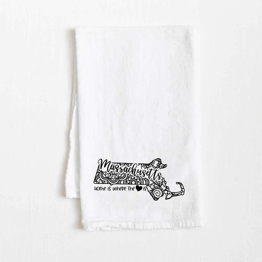 Massachusetts - Home Is Where the Heart Is Flour Sack Kitchen Towel - 36” x 32”