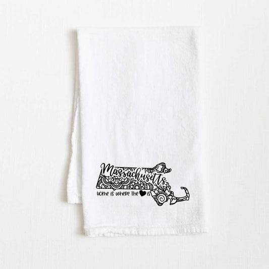 Massachusetts - Home Is Where the Heart Is Flour Sack Kitchen Towel - 36” x 32”