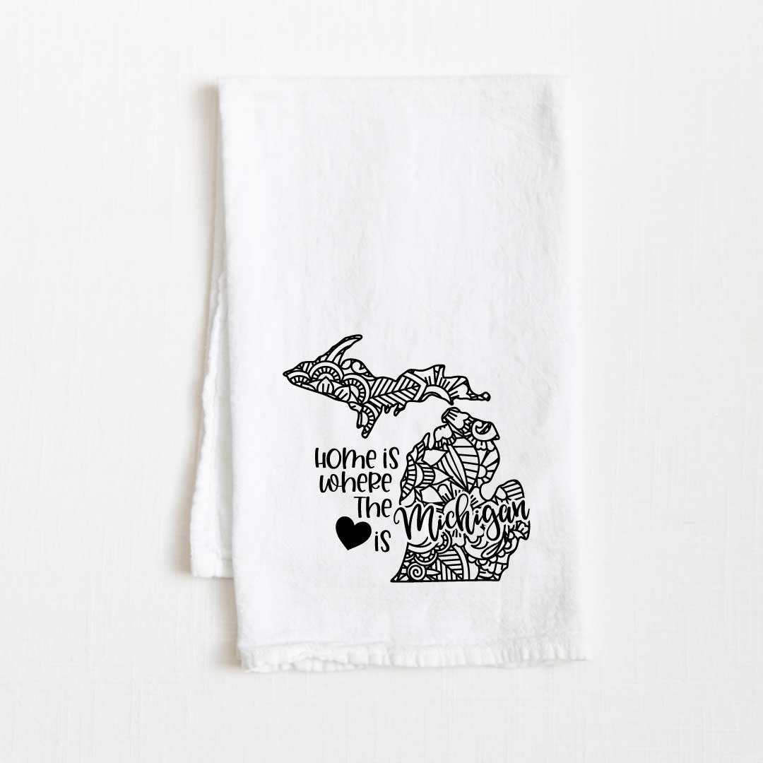 Michigan - Home Is Where the Heart Is Flour Sack Kitchen Towel - 36” x 32”