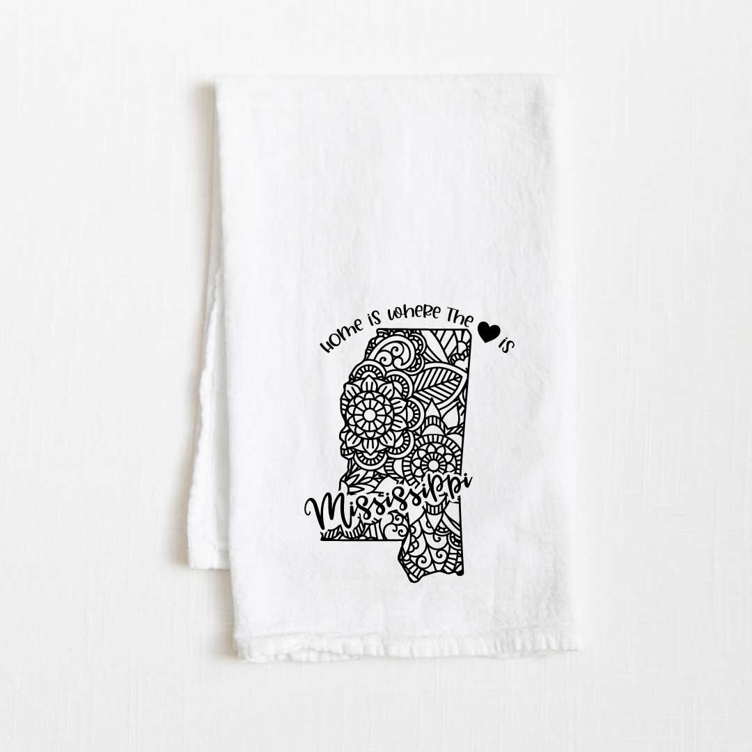 Mississippi - Home Is Where the Heart Is Flour Sack Kitchen Towel - 36” x 32”