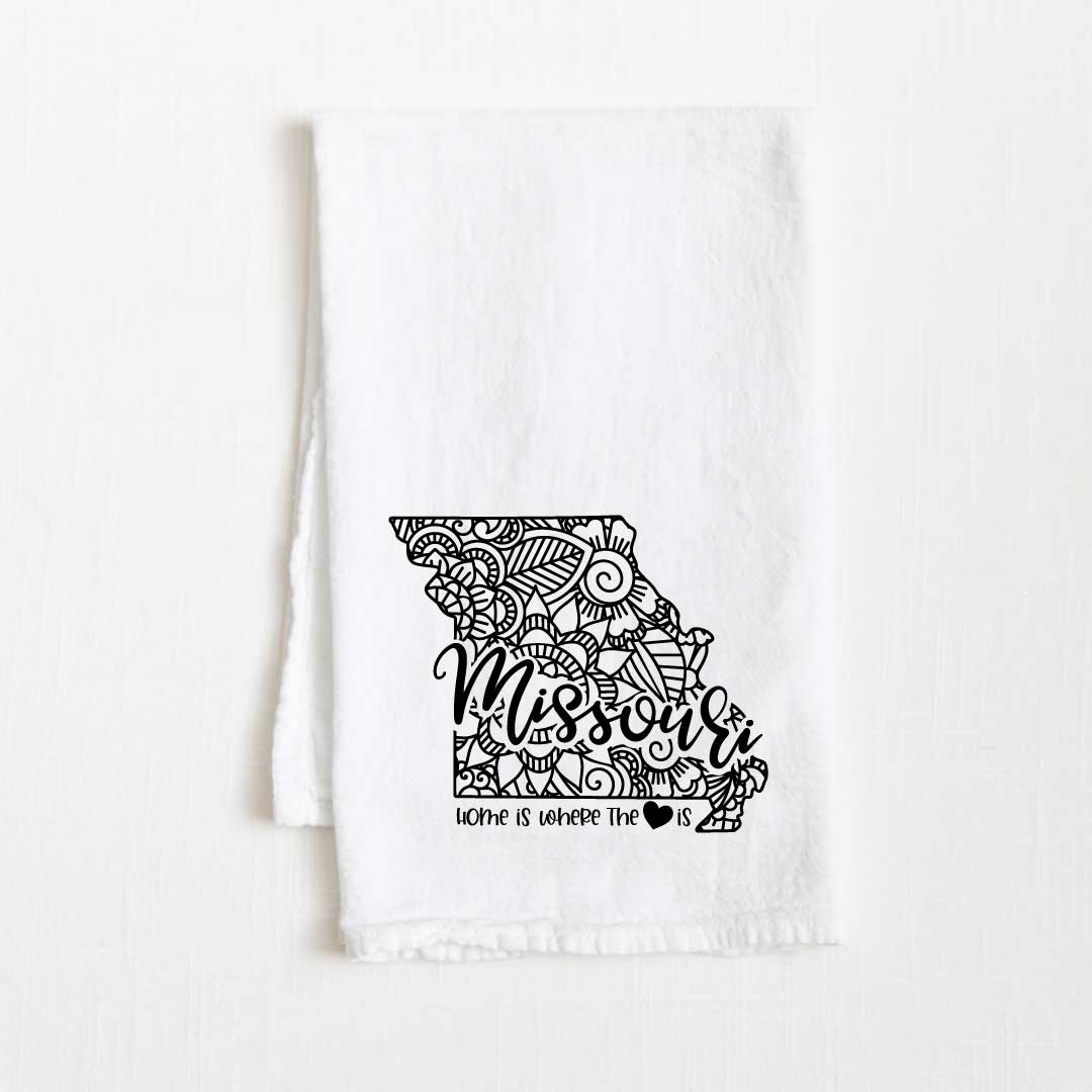 Missouri - Home Is Where the Heart Is Flour Sack Kitchen Towel - 36” x 32”