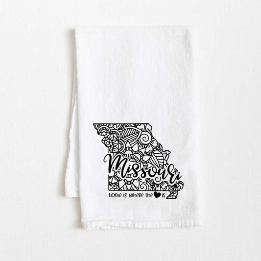 Missouri - Home Is Where the Heart Is Flour Sack Kitchen Towel - 36” x 32”