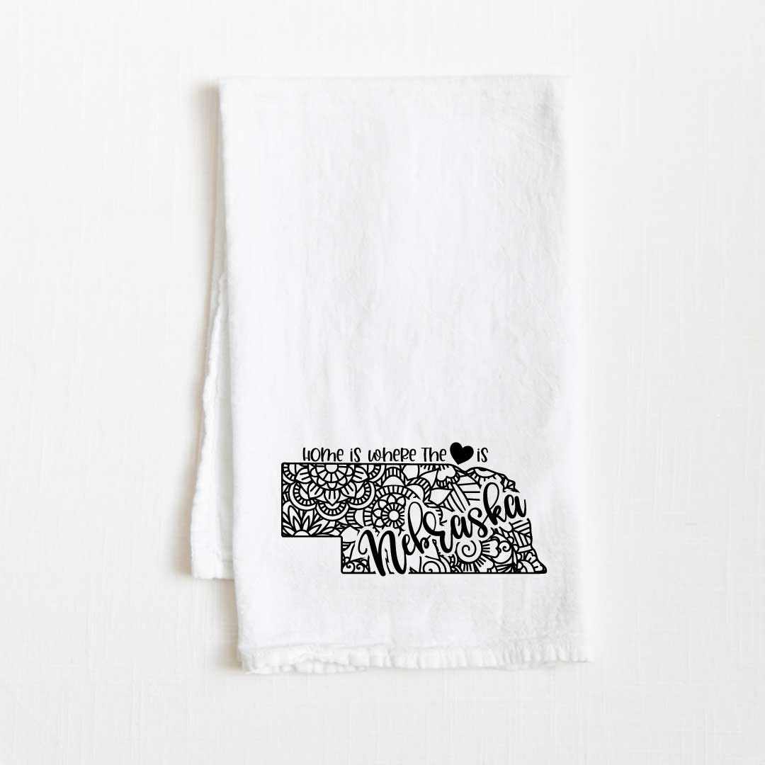 Nebraska - Home Is Where the Heart Is Flour Sack Kitchen Towel - 36” x 32”