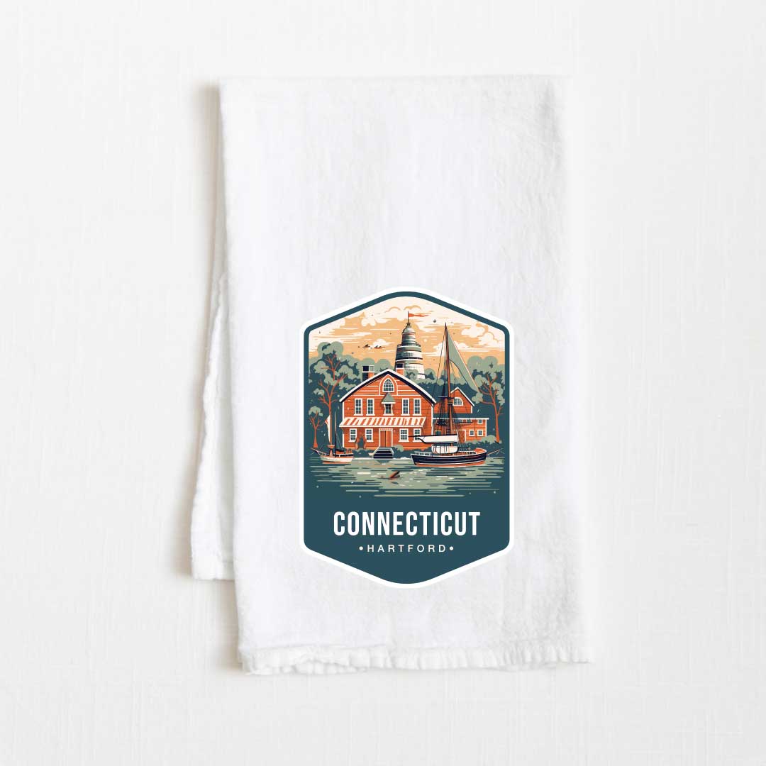Connecticut Vintage Illustrated State Flour Sack Kitchen Towel - 36” x 32”